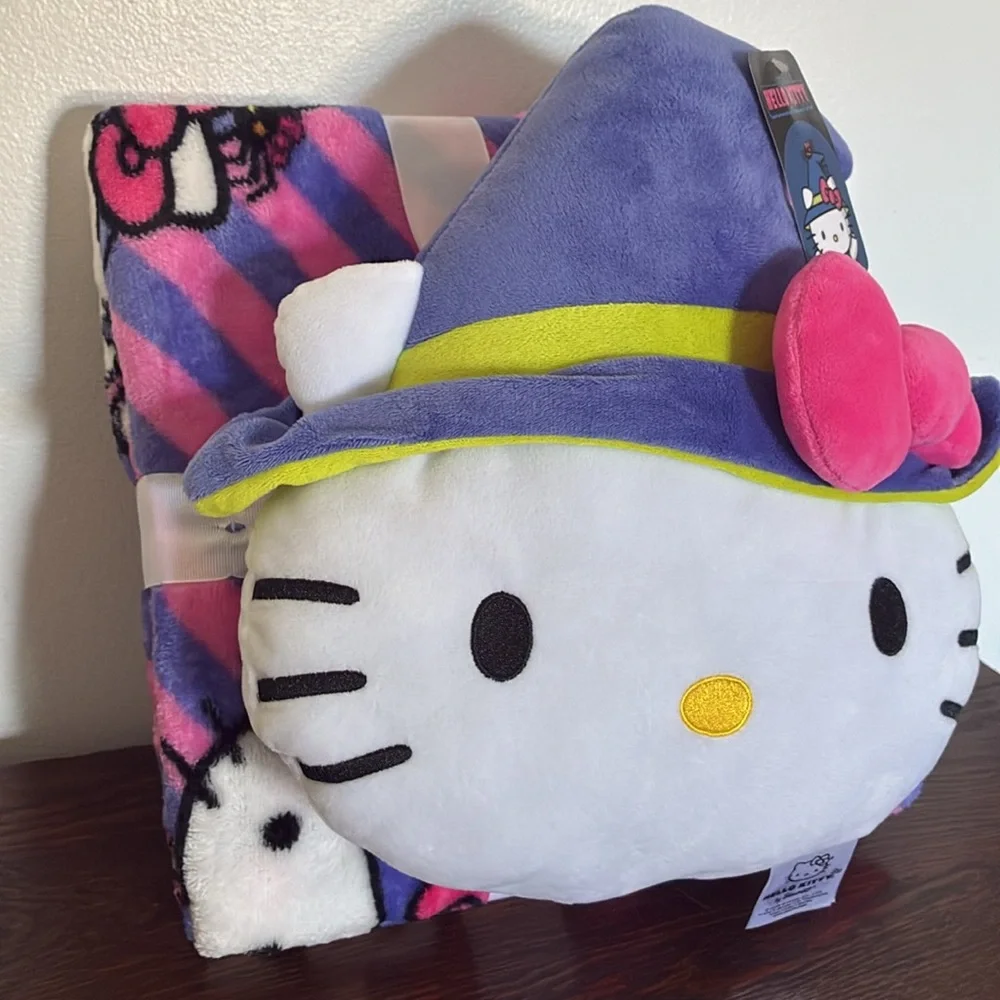 NWT- Halloween Hello Kitty Witch Hat Pillow Plush & Throw Blanket 45x55 Set
